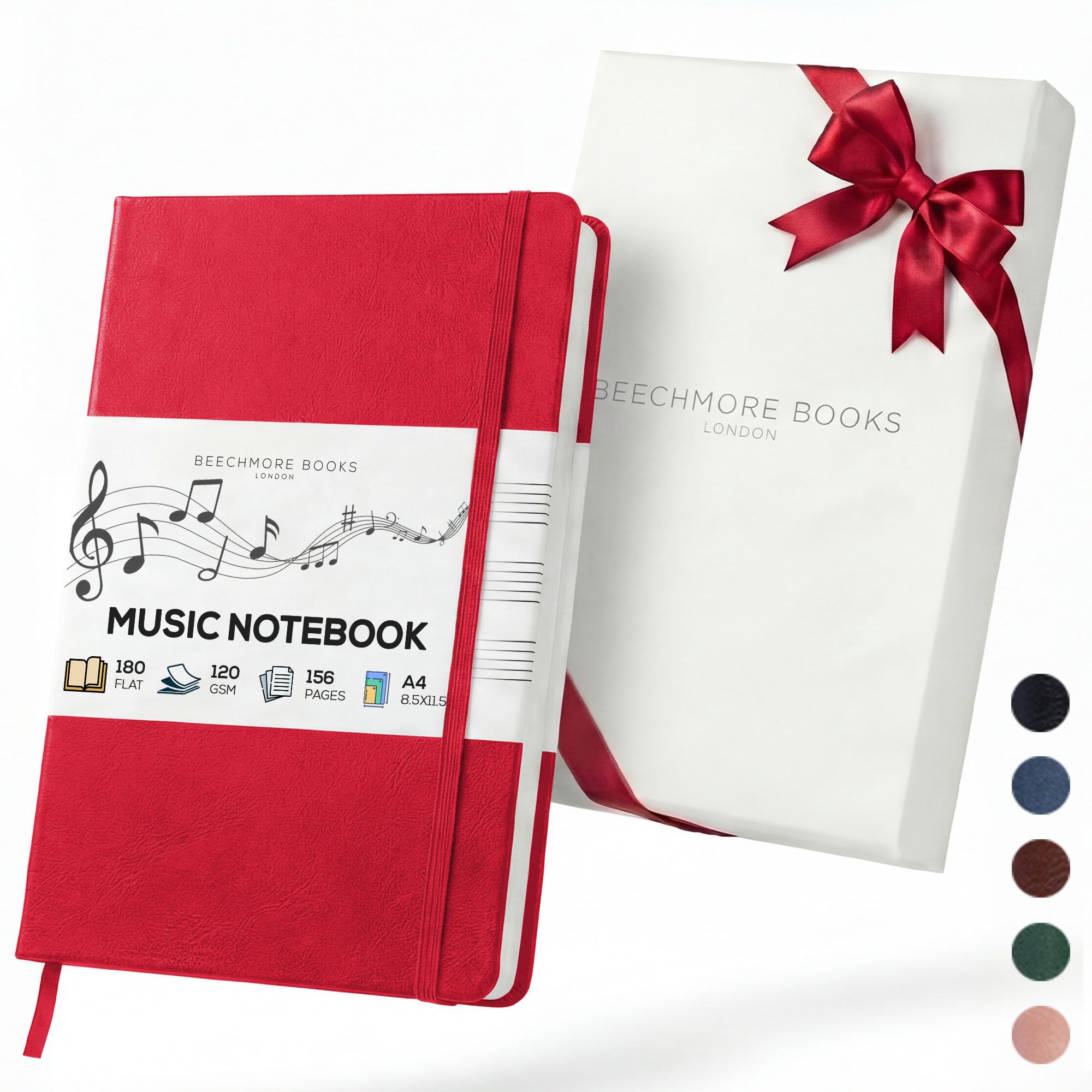 Beechmore Books Blank Sheet Music Notebook – A4 8.5”x11.5” for Songwriters, Musicians & Composers,156 Thick 120gsm Pages,10-Staff Perforated Sheets, Vegan Leather Hardcover, Elastic Closure, Gift Box