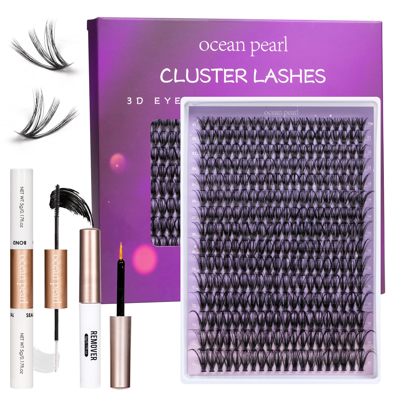 Ocean Pearl Cluster Lashes 10-20mm 40D 300PCS Eyelashes Lash Clusters DIY Lash Extension Kit Individual Lashes Natural Eyelash Extension Kit with Super Bond+Seal+Remover+Tweezer-40D