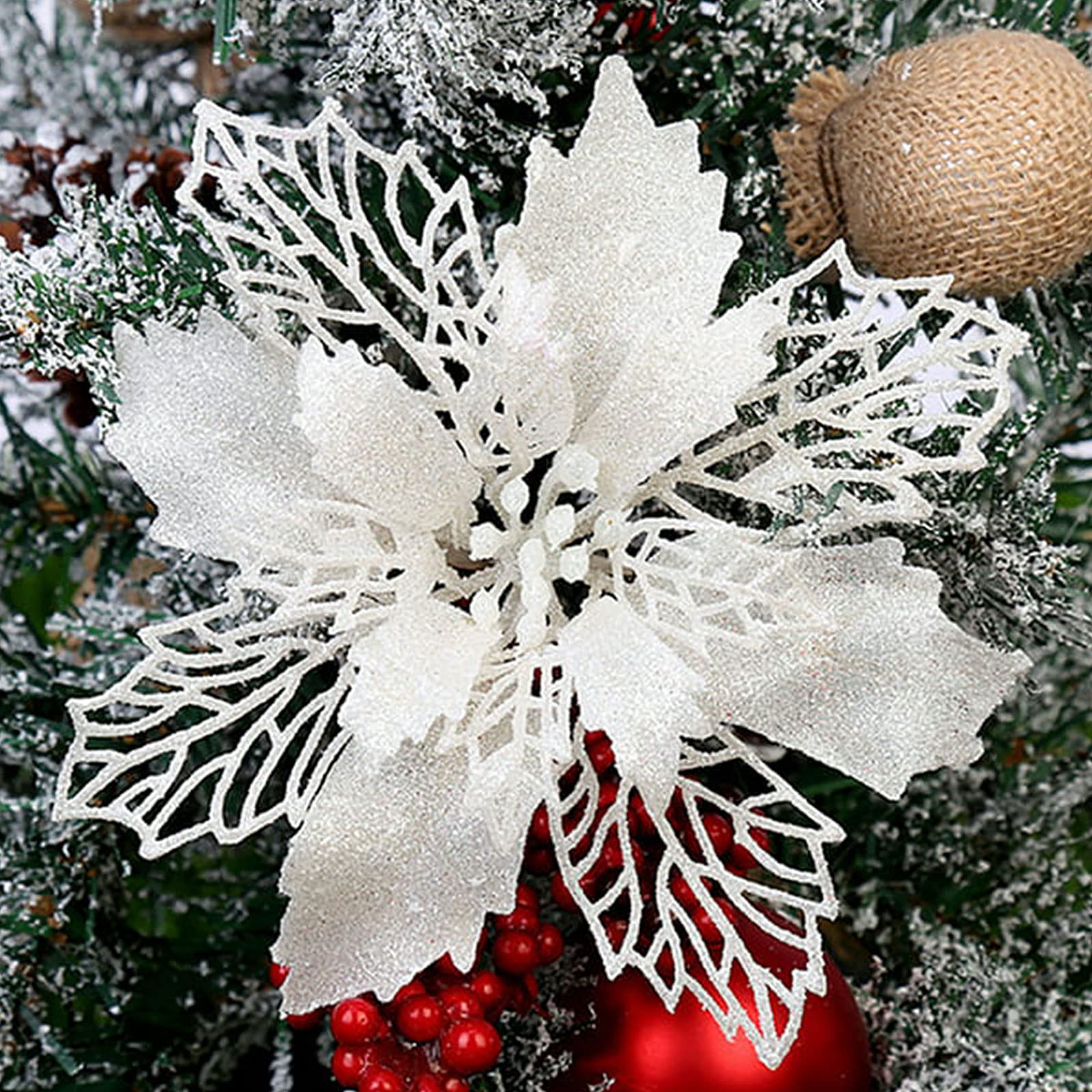 MIVAIUN 10 PCS Christmas Flowers DIY Decorating Large (16CM) Christmas Tree Flowers Christmas Glitter Flowers Wedding Faux Flowers Artificial Flowers for Christmas Holiday Wedding Decoration (White)