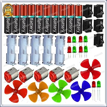 GKA2Z DIY Science Projects Kit DC Motor, Fan, LED, Switch, AA Cell and Holder (5pcs Each) with Instruction Manual