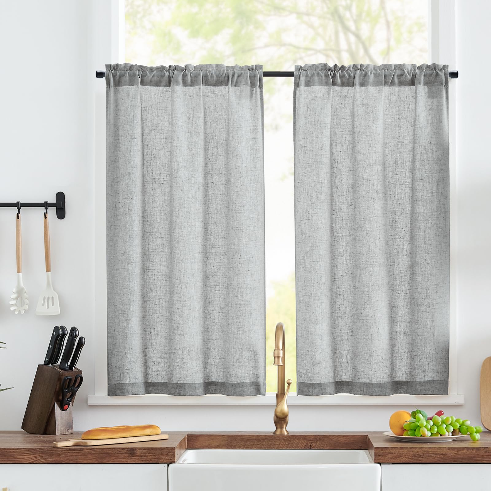 TOPICK Linen Blend Kitchen Curtains, 45 Inch Drop Small Cafe Curtains, Solid Pattern Light Filtering Short Curtain Tiers for Bathroom Sink Cupboard Bedroom, Rod Pocket 2 Panels Grey