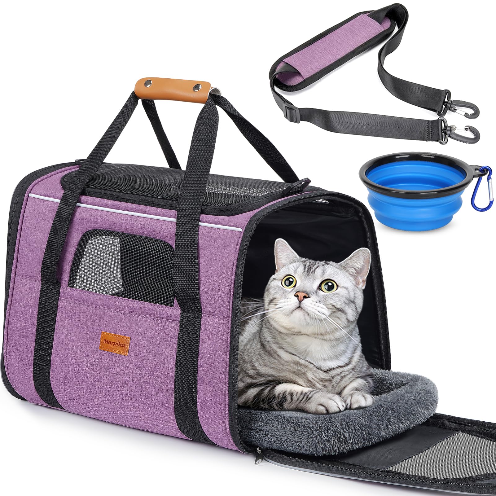 Morpilot Cat Carrier - Airline Approved, Top Opening Portable Dog Bag with Breathable Mesh/Removable Mat, Adjustable Shoulder Strap & Bowl, Foldable Travel Cage, M, Pink (Max 7kg)