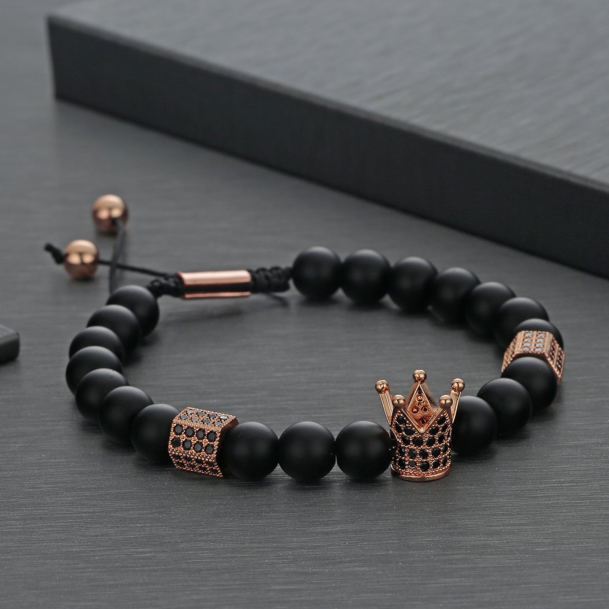Joya Gift 8mm Black Matte Onyx Beads Rose Gold King Crown Braided Bracelet for Men with CZ Charm