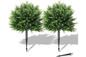 LEADGOODS 26" Artificial Cypress Topiary, 2pcs Artificial Cedar Topiary Ball Trees with Ground Spike, Outdoor Faux Shrubs with UV Resistant, Lasting Evergreen Bushes Push in Ground Plants for Front Porch