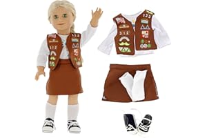 DRESS ALONG DOLLY Brownie Girl Scout Inspired Doll Outfit for American Girl and 18" Dolls (5pc Includes Shirt, Shoes, Skirt, Sneakers, and Vest)