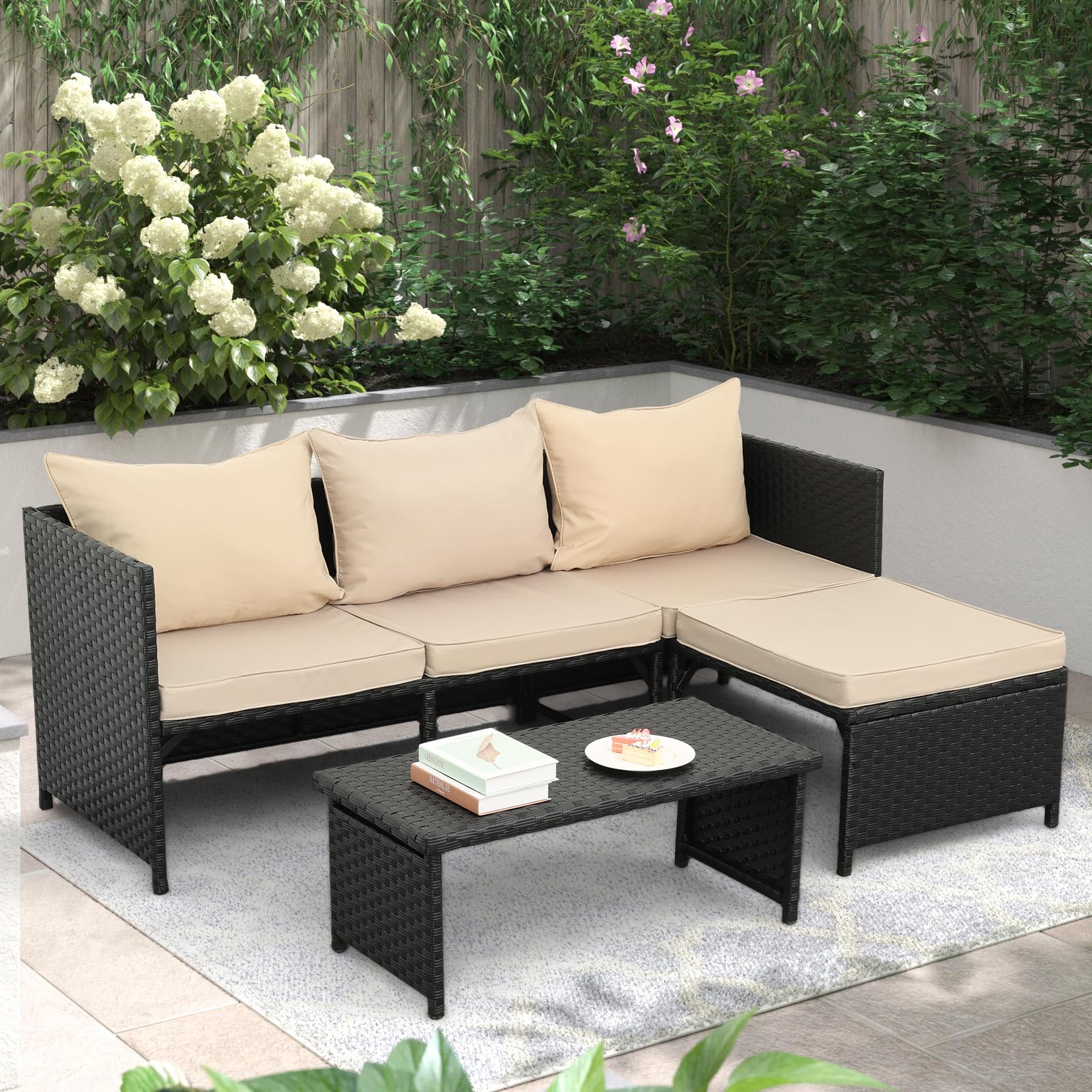 Photo 1 of ****SIMILAR ITEM *****
Valita 3-Piece Outdoor PE Rattan Furniture Set Patio Black Wicker Conversation Loveseat Sofa Sectional Couch Khaki Cushion
