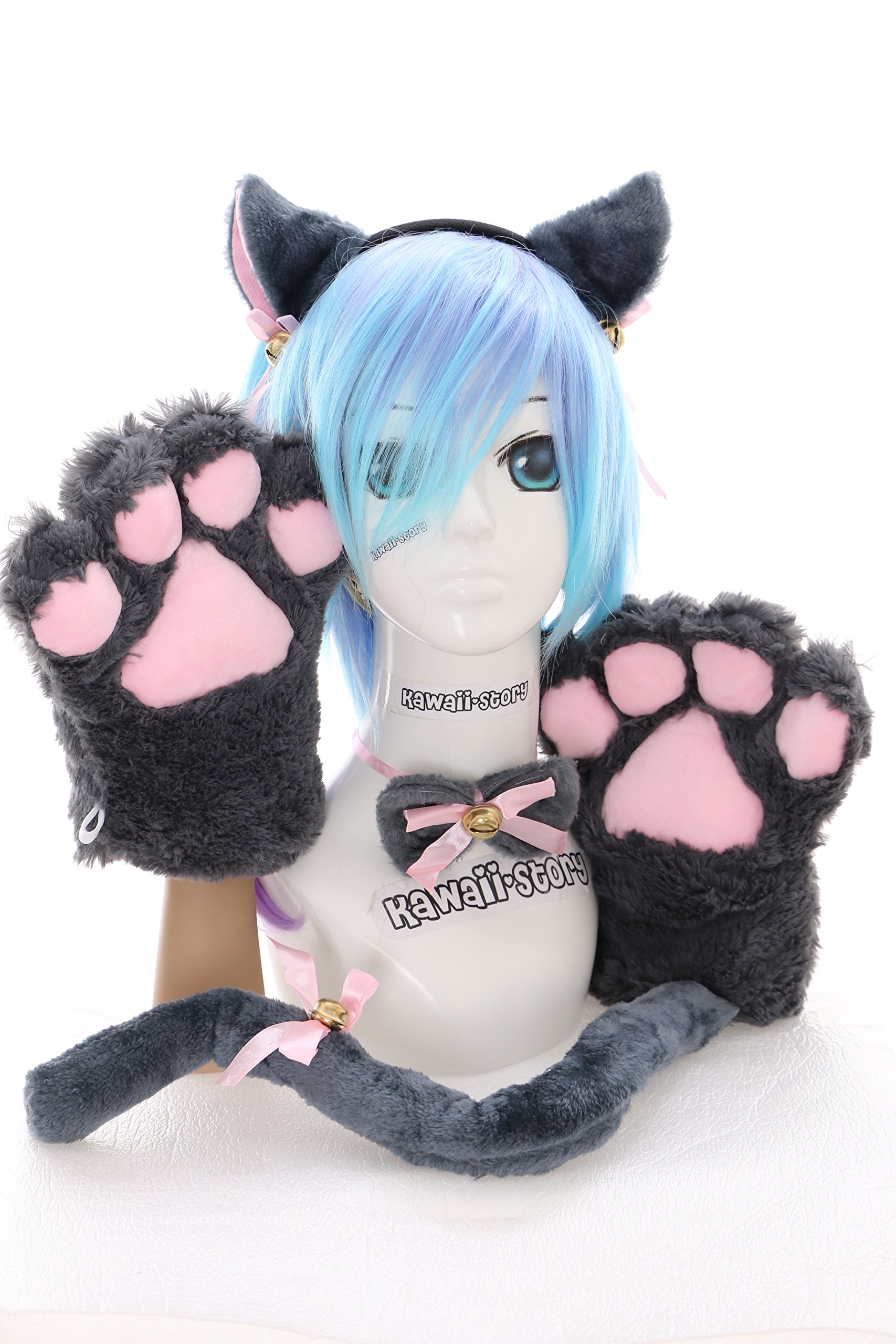 C-20-2 Grey Cat Paw Gloves Tail Collar Ears Headband Set 5 Pieces Lolita Maid Cosplay