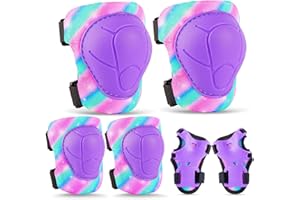 FIODAY Knee Pads for Kids Protective Gear Set Adjustable Kids Knee Pads and Elbow Pads with Wrist Guard for Girls Roller Skates Cycling Bike Skateboard Scooter Knee Pads, 3-8 Years, Rose Blue Green