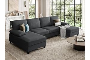 SUNLEI 106" Sectional Sofa Couches for Living Room, 4 Seat U-Shaped Sofa Couch with Linen Fabric and Double Chaises, Modern Living Room Furniture Sets for Apartment, Black