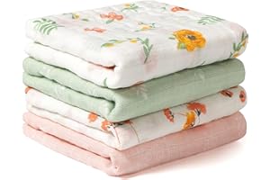 Viviland Baby Muslin Burp Cloths, 100% Cotton Super Absorbent Washcloths, 10 x 20 inches 6-Layer Bath Towel, 4 Pack (Floral)
