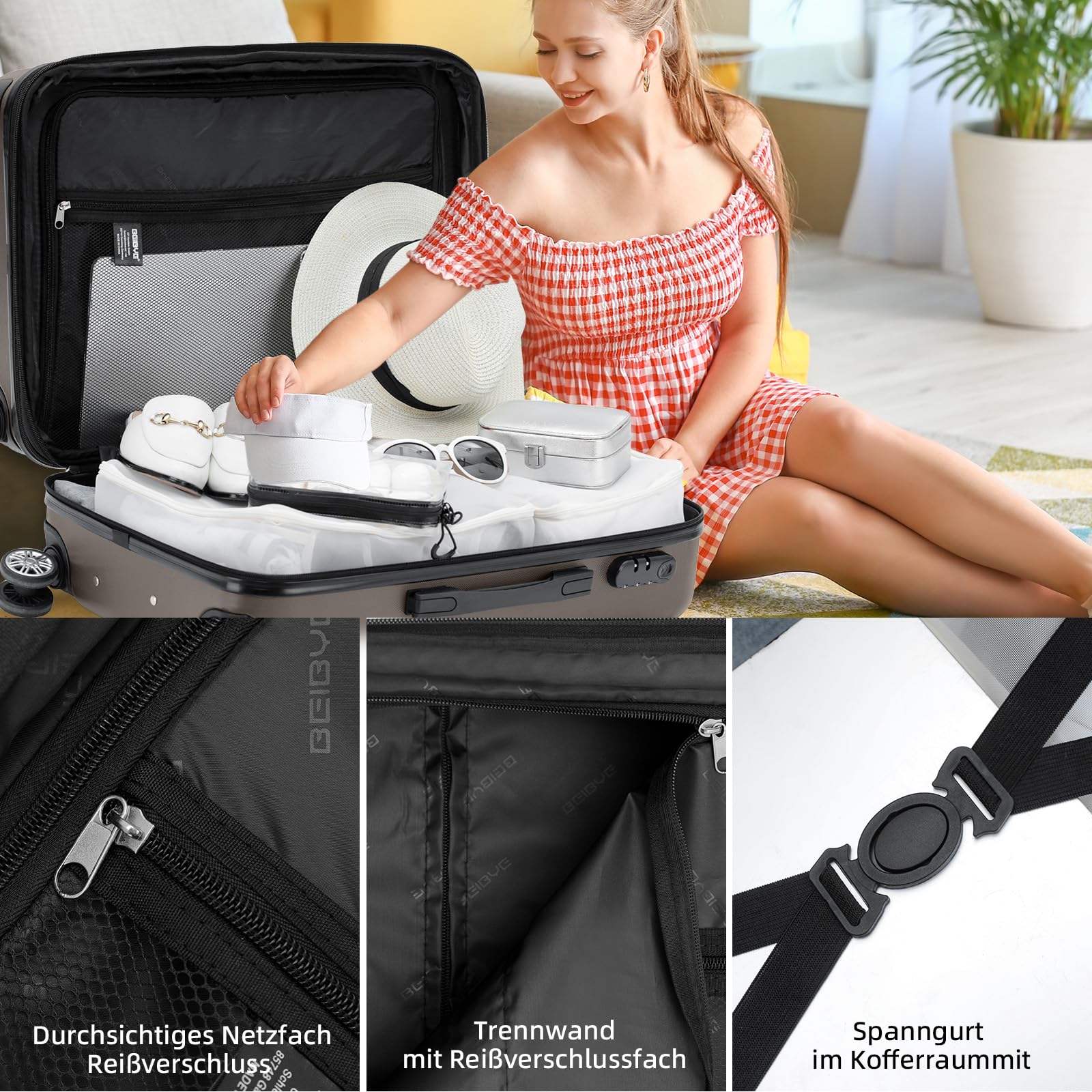 BEIBYE Trolley Koffer Reisekoffer Reisekofferset Gepäckset Kofferset 4 Zwillingsrollen Hartschale (Coffee) 4