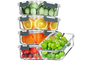 VERONES 5 Pack 36 OZ Glass Meal Prep Containers, Airtight Glass Lunch Containers Set, Glass Food Storage Containers with Lids