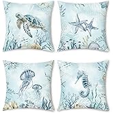 Bonhause Coastal Blue Throw Pillow Covers 18 x 18 Inch Sea Turtle Seahorse Starfish Beach Decorative Pillow Cases Ocean Cushion Covers for Sofa Bed Home Decor Set of 4
