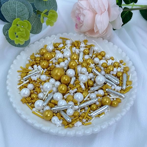WHITE DELUXE GOLD SPRINKLES FOR CAKE DECORATING 4 OUNCE – SUGAR MIX PEARL SPRINKLES FOR CUPCAKE TOPPERS, ICE CREAM, CANDY, COOKIE DECORATIONS – HOLIDAY PARTY SUPPLIES
