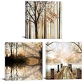 iKNOW FOTO 3Pieces Forest Tree Canvas Wall art Bridge Over Lake Painting Autumn Tree Forest Nature Landscape in Park Modern Picture Print On Canvas Artwork for Home Office Decoration 12x12inchx3pcs