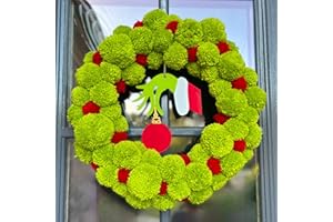 MonyPlay Christmas Front Door Wreath, Green Pom-pom Wreath with Cute Wooden Elf Hand, Indoor Outdoor Decorations, 33cm/13.2inch