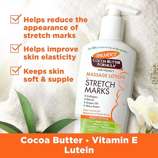PALMER’S COCOA BUTTER FORMULA MASSAGE LOTION FOR STRETCH MARKS, PREGNANCY SKIN CARE, BELLY CREAM WITH COLLAGEN, ELASTIN, ARGAN OIL AND SHEA BUTTER, 8.5 OUNCES