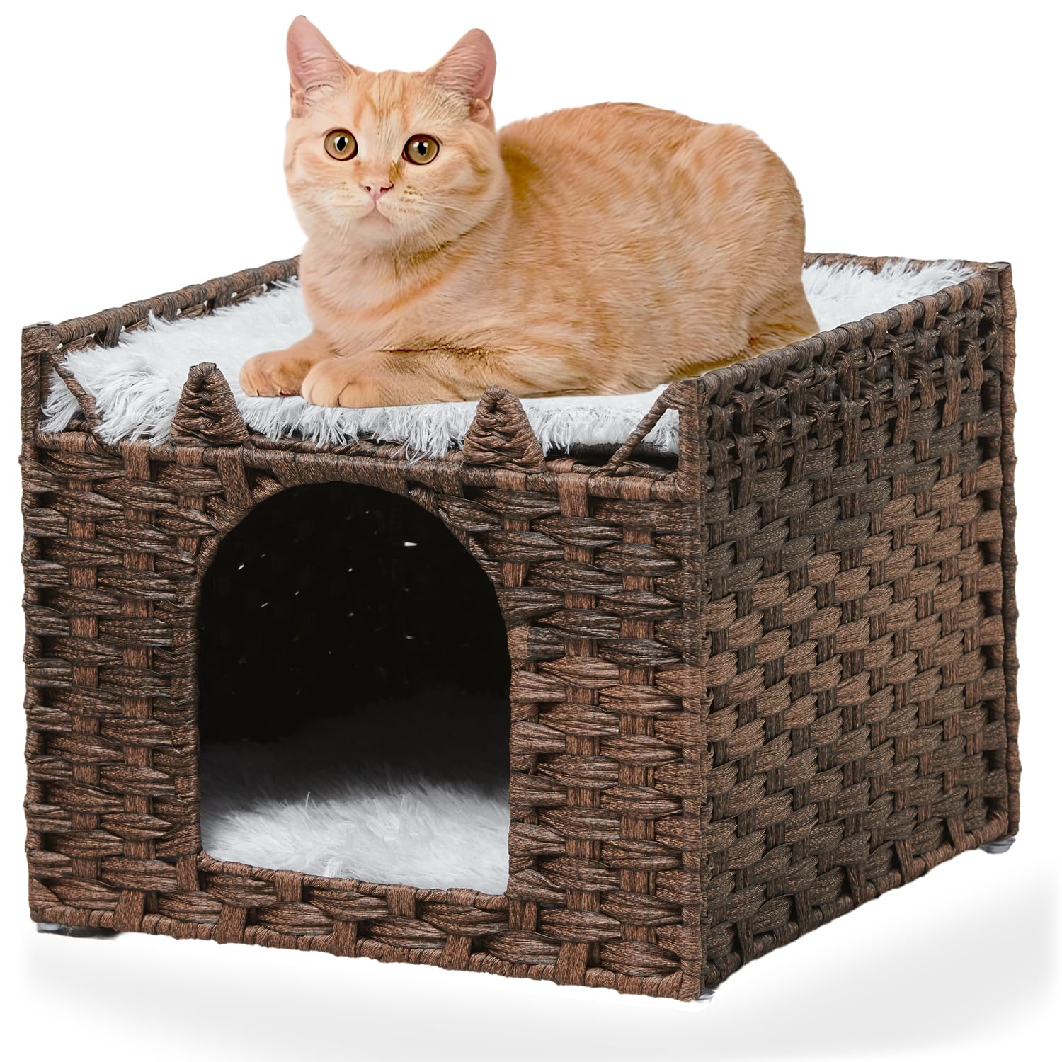 Photo 1 of LUCKITTY Cat Bed with Ears - Handwoven Rattan Cat Cave House for Indoor Kittens, Foldable Hideaway with 2 Removable Cushions, 16.5x16.5x13.2 Inch Natural Pet Cube for Living Room/Bedroom Brown