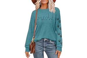 QAUN Cute Cat Shirt for Women Long Sleeve Funny Cat Mom Shirts Cat Lovers Casual Tops