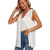Womens Floral Crochet Lace Boho Trim Sleeveless Open Front Vest Cardigan