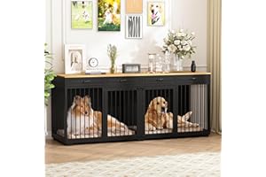 DAWNSPACES Extra Large Dog Crate Furniture, 93 Inch Heavy Duty Wooden Dog Kennel with Drawers & Removable Divider, Indoor Furniture Style Luxury Double Rooms Dog House for XL Large Dogs, Black