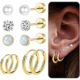 EQFE Hypoallergenic Surgical Steel Earrings for Sensitive Ears 14K Gold Flat Back Earrings for Women CZ Opal Peral Screw Back Cartilage Earring 20G Helix Small Hoop Earrings for Multiple Piercing