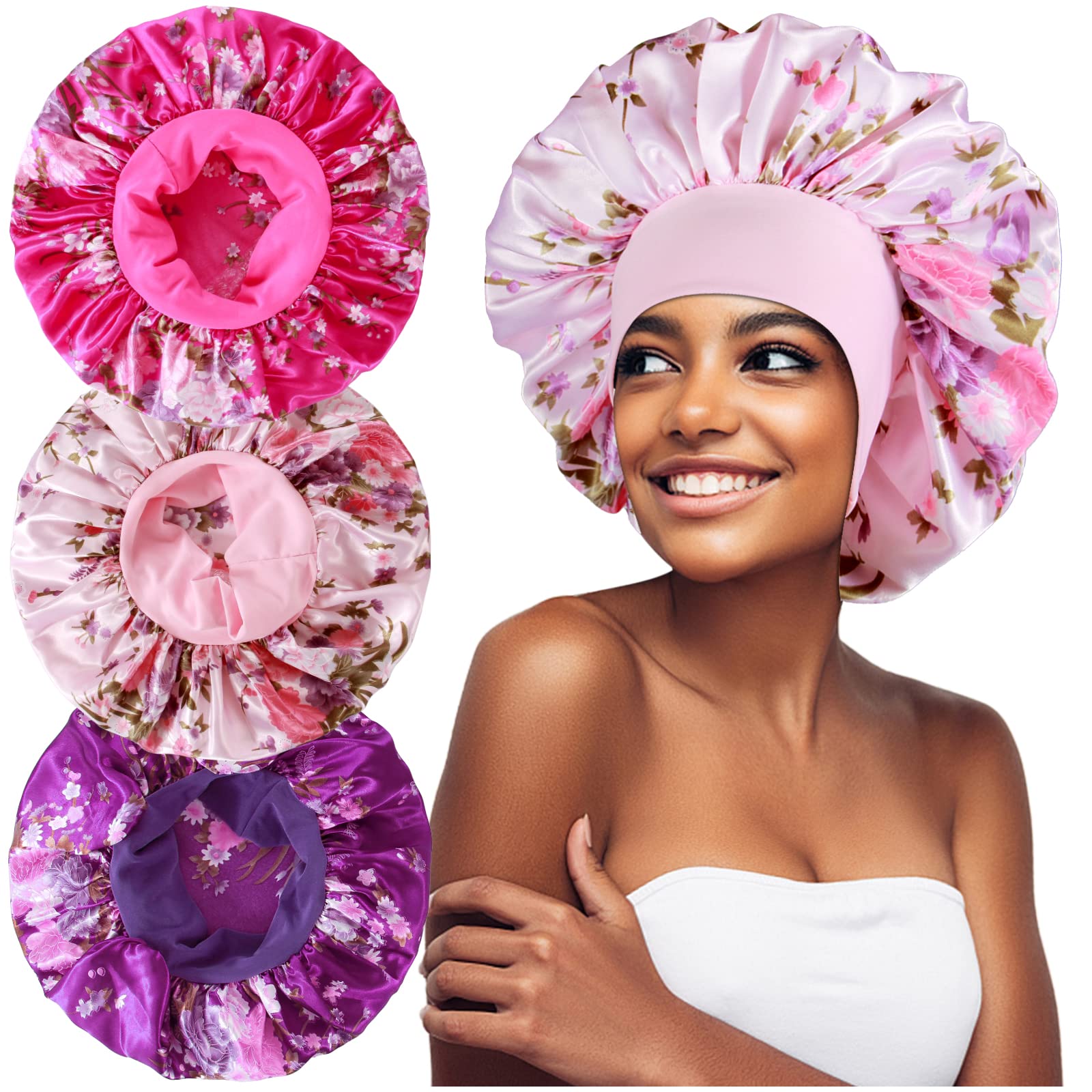 Photo 1 of 3PCS Extra Large Satin Bonnets for Sleeping, Hair Bonnets for Black Women Braids Curly Hair, E