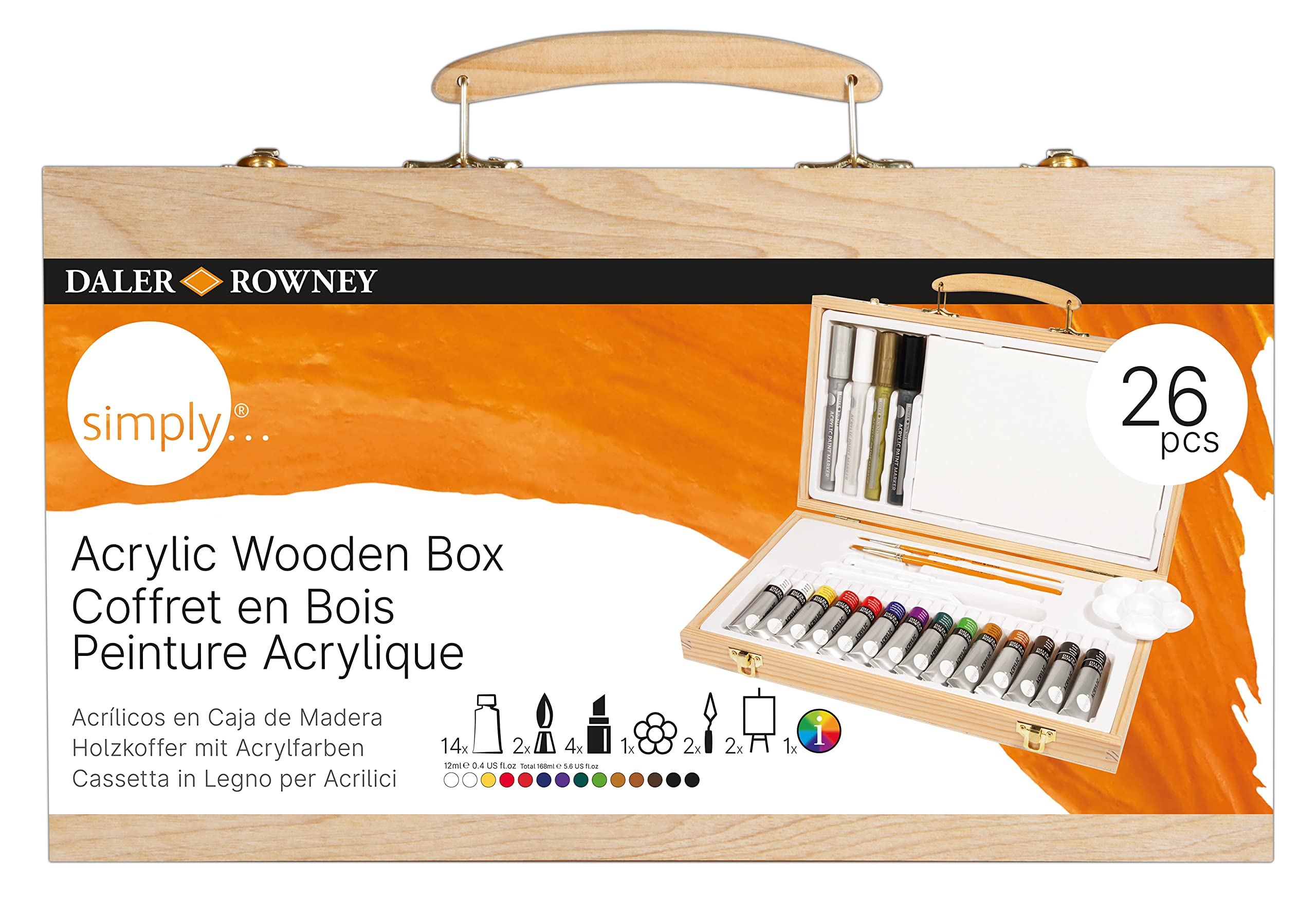 Daler-Rowney Simply Acrylic Wooden Box Set, 14 Vibrant Colours, Multi-Surface, For Entry-Level Artists & Hobbyists
