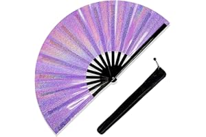 PUGPIU Fans for Line Dancing, 1 Pcs Boots On The Ground Hand Fan, Large Clacking Pop Fans That Make Sound, Women Men Foldable Clapping Handheld Fan for Line Dancing (Laser Purple Dot)