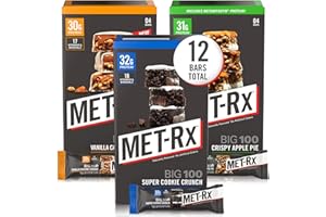 MET-Rx Big 100 Colossal Protein Bars Variety Pack, Super Cookie Crunch, Vanilla Caramel Churro, and Crispy Apple Pie Flavors, Brown, 12 Count