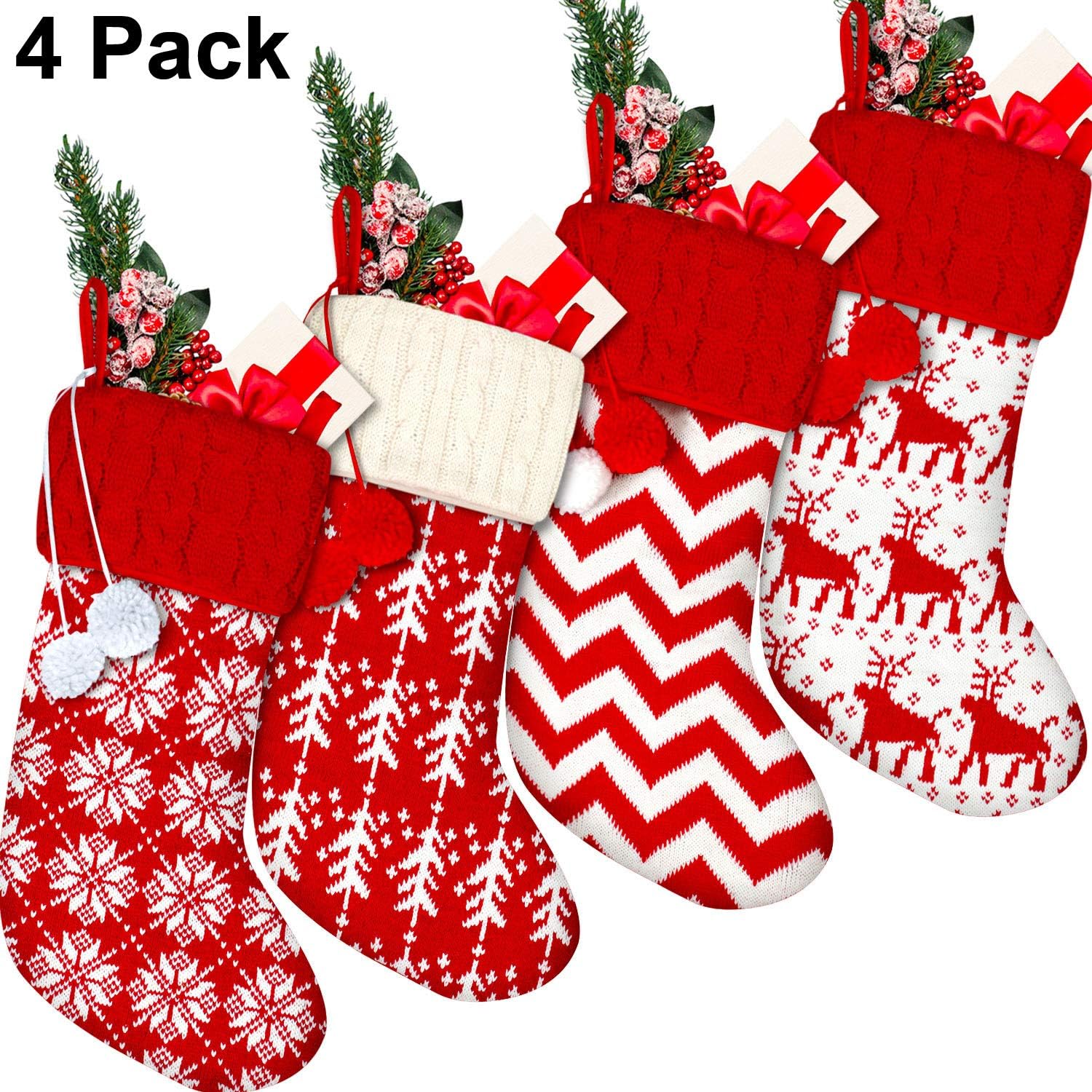 4 Pieces Knit Christmas Stockings Red and White Christmas Hanging Stockings Snowflake Tree Reindeer Stripe Stockings with Plush Balls for Xmas Holidays Decorations