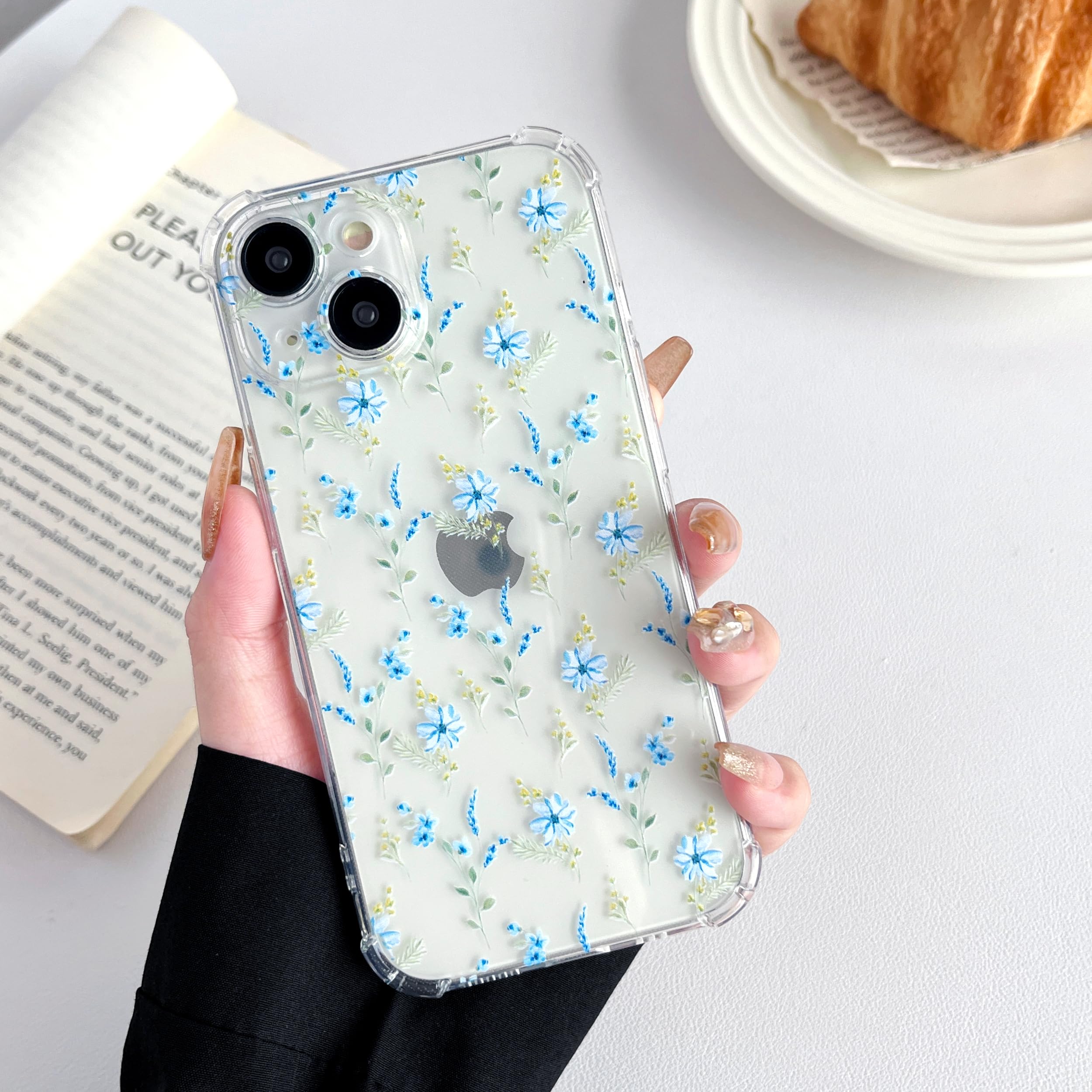ZTOFERA Case for iPhone 15, Transparent Clear Soft TPU Case with Flower Pattern, Ultra Slim Anti-scratch Silicone Gel Protective Bumper Cover for iPhone 15 (6.1") - Blue Flower