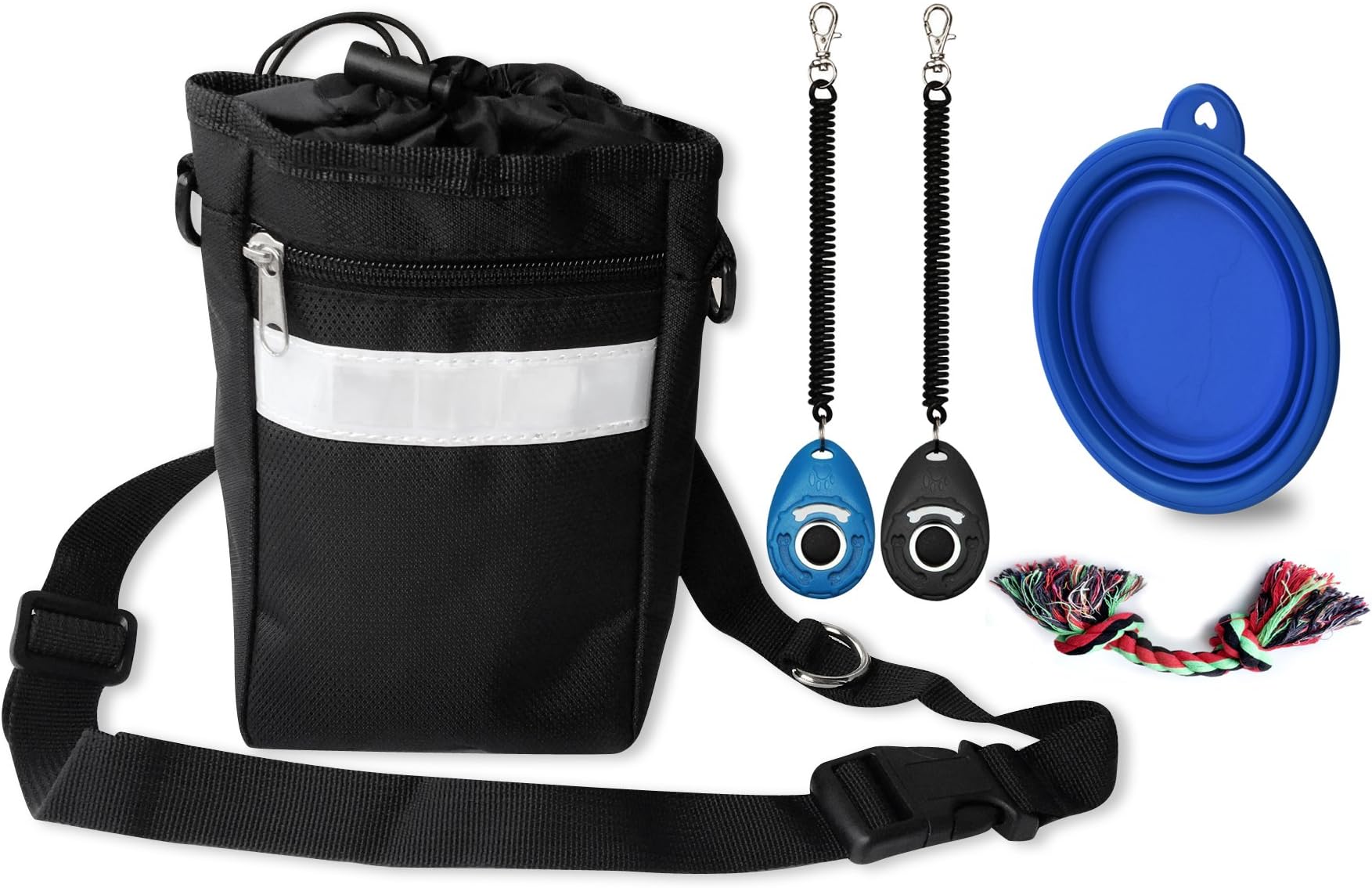 Pet Treat Training Pouch - Dog Treat Bag for Training/Outdoor Walking, with Pet Clicker, Foldable Bowl, Toy, Drawstring Inner, Reflector, Adjustable Waist Belt (Black)
