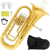 Bb Brass Euphonium - Professional &amp; Intermediate 3 Valve Bb Key Instrument - Gold Lacquer Finish with Stainless Steel Pistons - Includes Hard Case, Mouthpiece, Gloves, Polishing Cloth