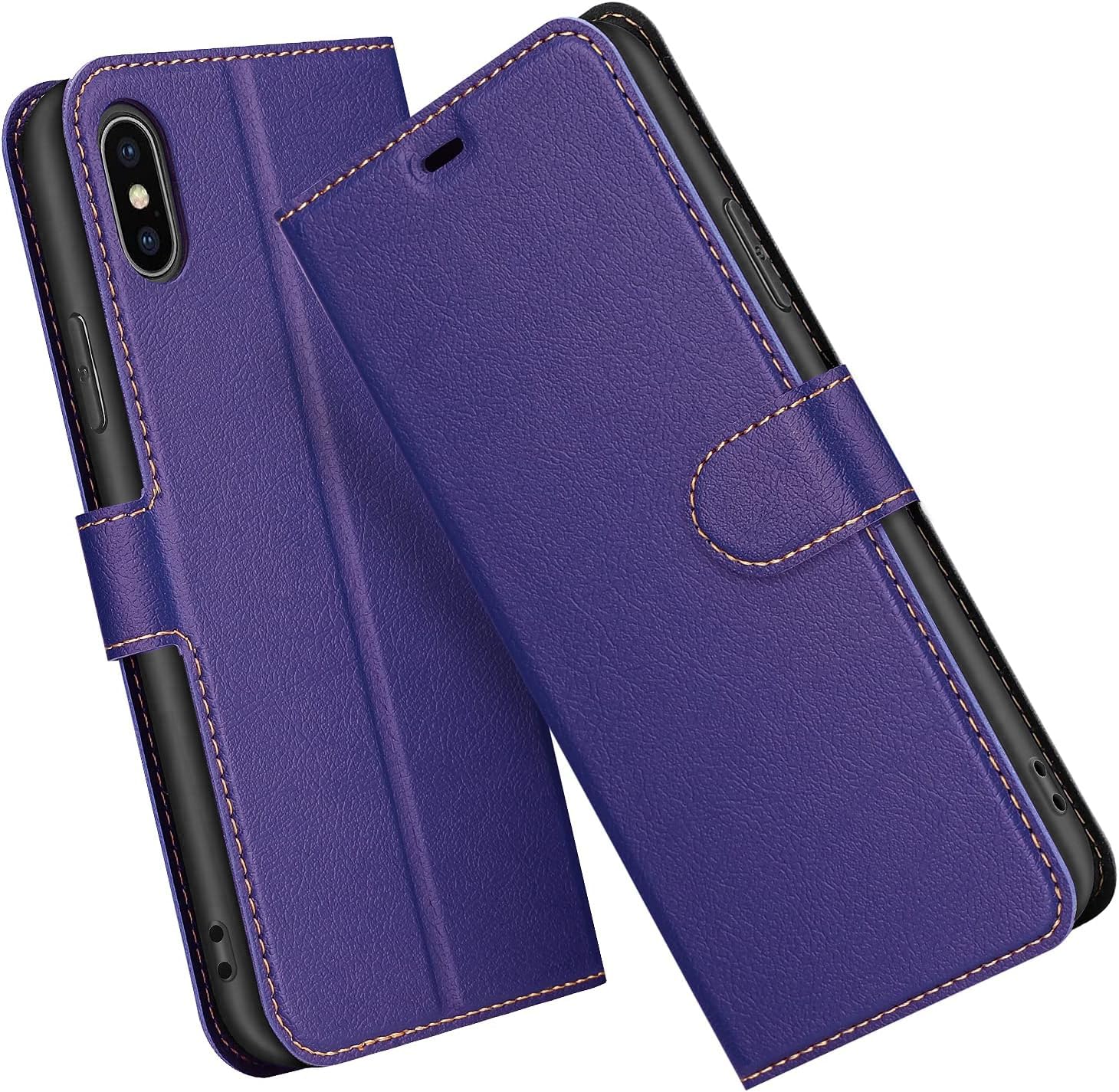 ELESNOW Phone Case for iPhone X, Flip Wallet PU Leather Card Holder with RFID Blocking Magnetic Closure Stand Cover for Apple iPhone X (Purple)