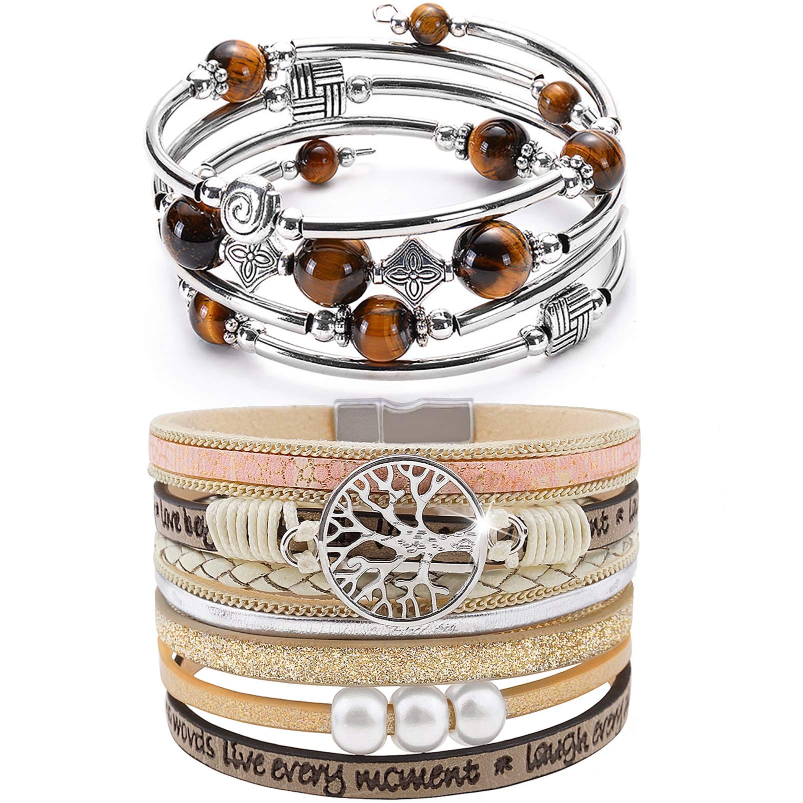 YooAi 2 Pieces Wrap Bracelet Multilayer Leather Bracelet Bohemian Beaded Tree of Life Bracelets Jewelry for Women Yellow