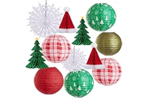 OBBOLO Christmas Hanging Decorations, 12 PCS Paper Lanterns, Honeycomb Christmas Trees, Hanging Paper Fans, Red Green Gold White Holiday Party Supplies for Home Xmas Holiday Party