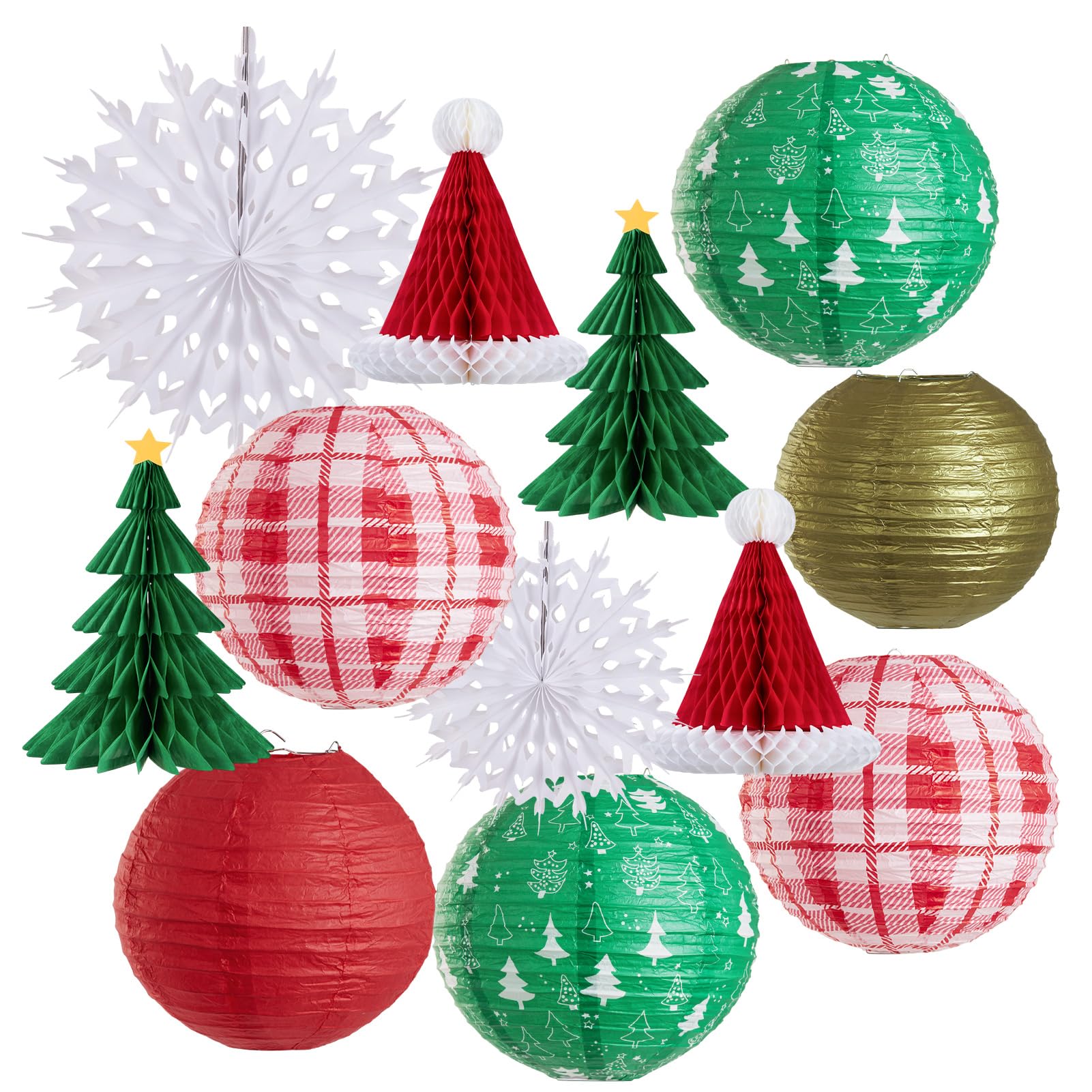 Photo 1 of OBBOLO Christmas Hanging Decorations, 12 PCS Paper Lanterns, Honeycomb Christmas Trees, Hanging Paper Fans, Red Green Gold White Holiday Party Supplies for Home Xmas Holiday Party