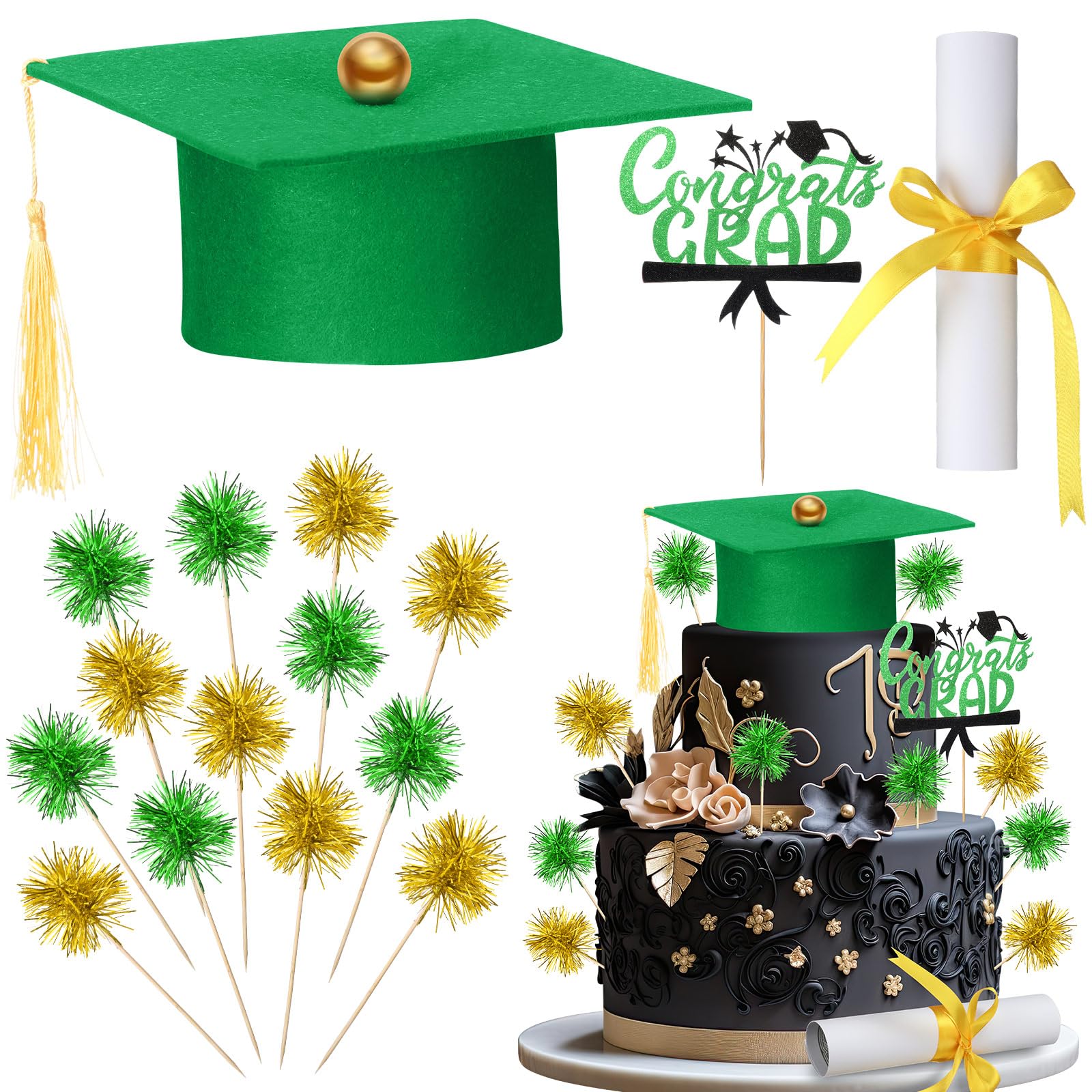 Photo 1 of Ctosree 16 Pcs Graduation Cake Kit Included Felt Graduation Party Supplies Cap with Tassel Firework Cupcake Toppers Grads Cake Topper Diploma Decor for Wedding Baby Shower Graduation (Green Gold)