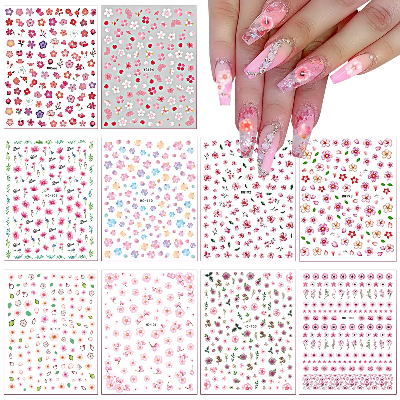 Flowers Nail Stickers Decals,Pink Nail Water Stickers Decals 10pcs,HOINCO Flowers Nail Art Stickers Decals 3D Acrylic for Manicure Tips DIY Summer Decoration