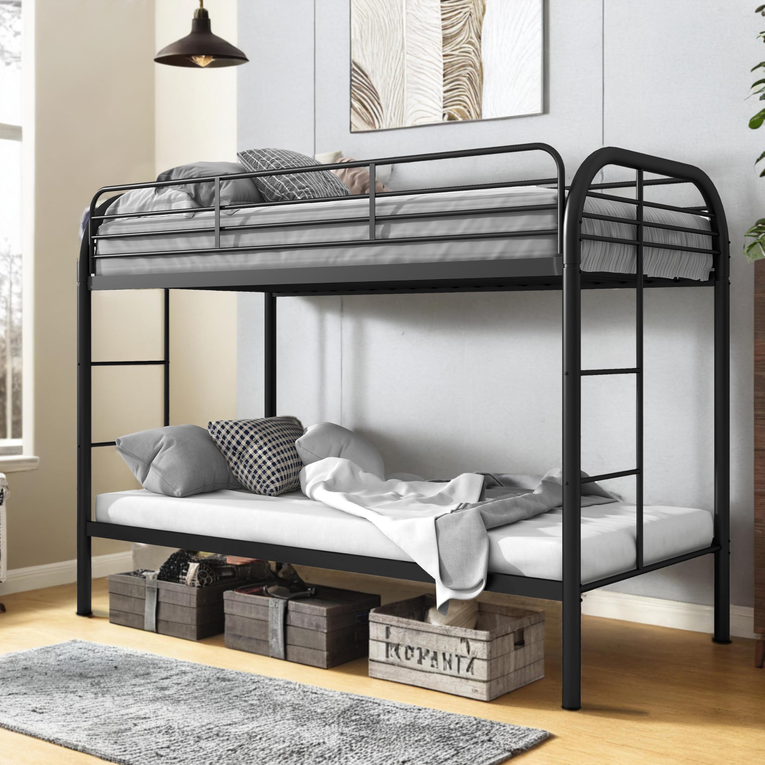 Photo 1 of Flolinda Metal Bunk Bed Twin Over Twin, Heavy Duty Bunk Beds with 2 Ladders and 11.8" Full-Length Guardrail, Space-Saving Bunk Bed with Storage, No Box Spring Needed, Easy Assemble, Black