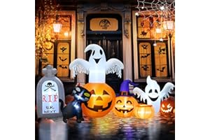 BOHON 7FT Long Inflatable Halloween Decor Outdoor Ghost Pumpkin with Witch Cat Tombstone Halloween Inflatables, Built-in LED Lights Blow Up Halloween Yard Decorations for Party Indoor Outside Lawn