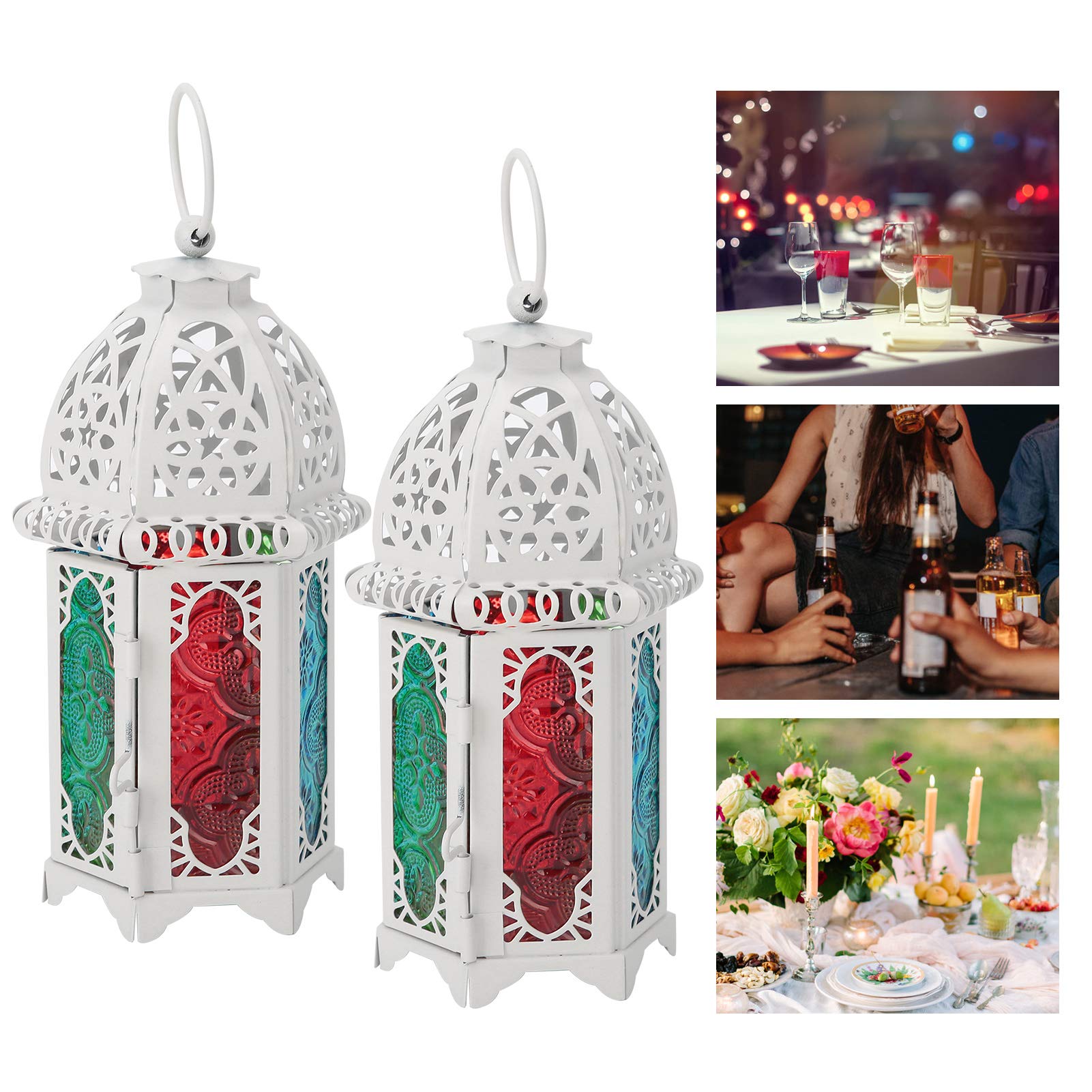 2Pcs Moroccan Retro Iron Candle Lantern, Stained Glass Decorative Lantern Candle Holder Hanging Lamp Lantern Tea Light Holders for Patio Indoors Outdoors Events, 2.8x6.3inch