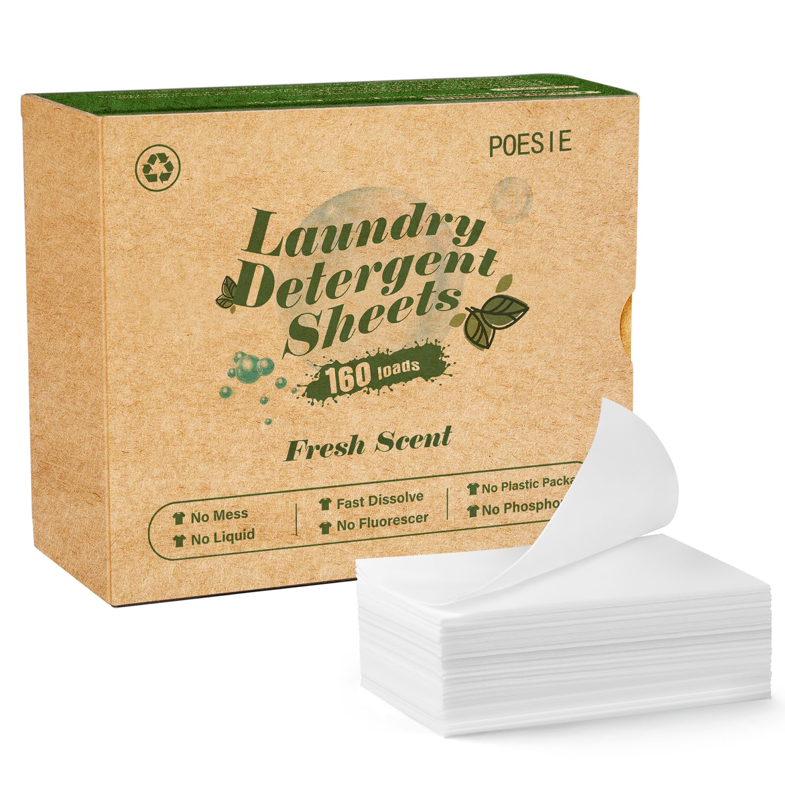 Photo 1 of Poesie Laundry Detergent Sheets Fresh Scent 160 Count Clear Non-Plastic Hypoallergenic Liquid Less Sheets for Home Dorm Travel Camping & Hand Washing Clean No Waste