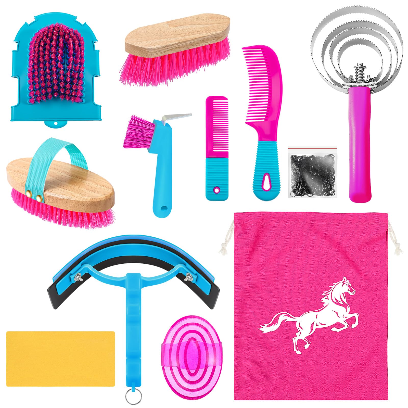Photo 1 of Abbylike 12 Pieces Horse Grooming Kit Racing Festival Tack Room Supplies Horse Brush Sets Equine Care Cleaning Kit Shedding Grooming Massaging Tools(Rose Red)