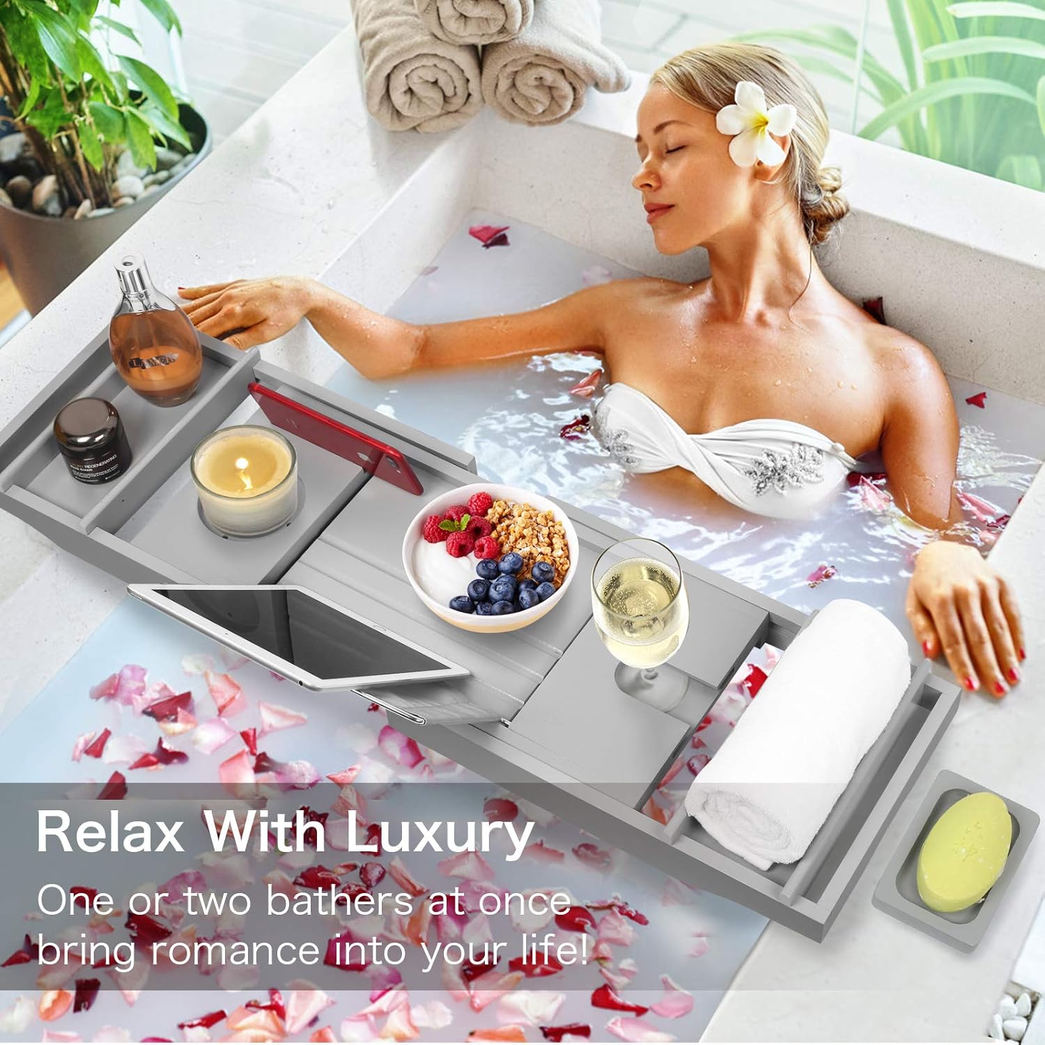 Artmalle Luxury Bamboo Bathtub Caddy Tray with Book and Wine Holder,Bath Accessories & Bed Tray with Extending Sides,Bathroom Organizer for Men/Women,Free Soap Holder,Gray: Home & Kitchen