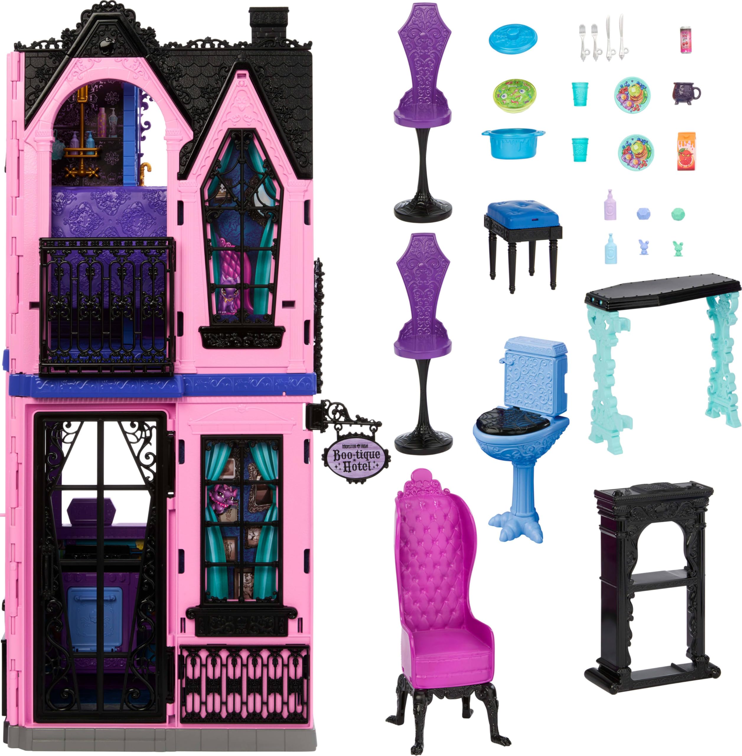 Monster High Boo-tique Hotel Doll House, Foldable Playset with Spooky Surprises in Every Room and 13+ Pieces Including Furniture and Accessories
