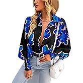 AELSON Women's Casual Boho Tops Floral Print V Neck Long Sleeve Blouse Button Down Shirts
