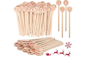 HOOLERRY 200 Pcs Wooden Coffee Stirrer 6 Inch Disposable Cocktail Drink Beverage Coffee Stir Sticks Round End Wooden Sticks for Coffee Milk Cocktail Tea(Santa Claus)
