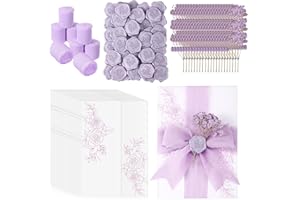 Fullhawl 50 Sets Wedding Invitations Wraps Set Pre Folded Vellum Jackets for 5 x 7 Invitations Dried Flowers Wax Seal Stickers Chiffon Silk Ribbon for Wedding Birthday Bridal Shower Craft DIY (Purple)